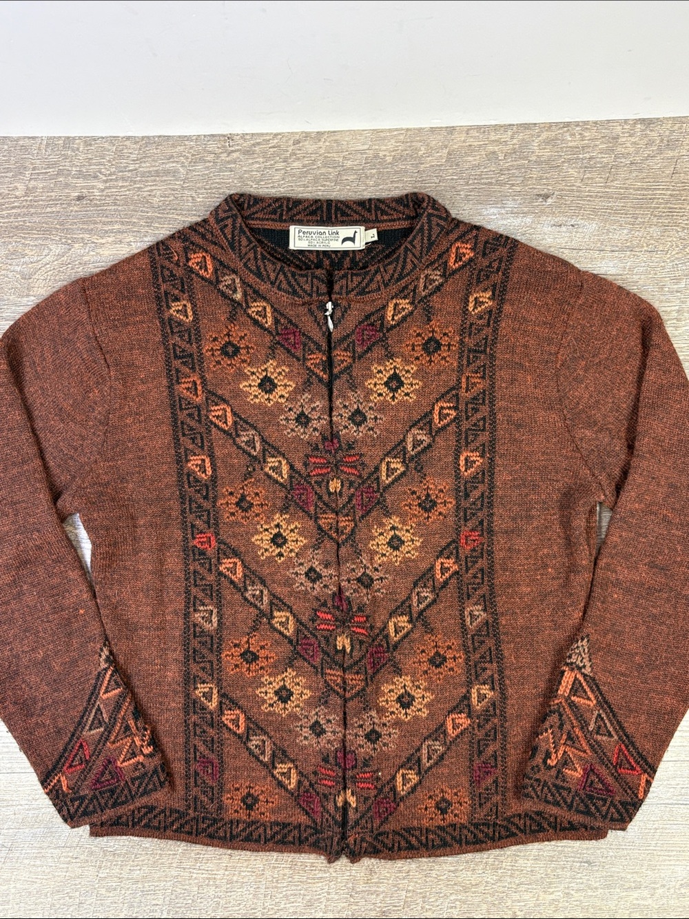 Peruvian Link Alpaca Blend Brown Fair Isle Zip Cardigan Sweater L